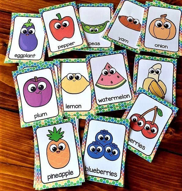 Fruit flashcards with funny faces