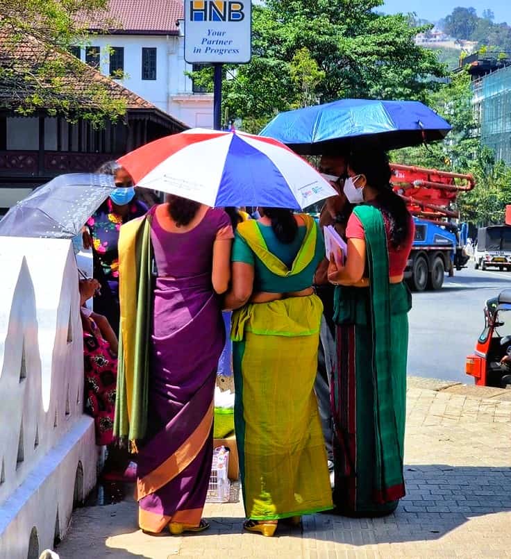Shows three women from behind wearing sarees and shaded with umbrellas. 