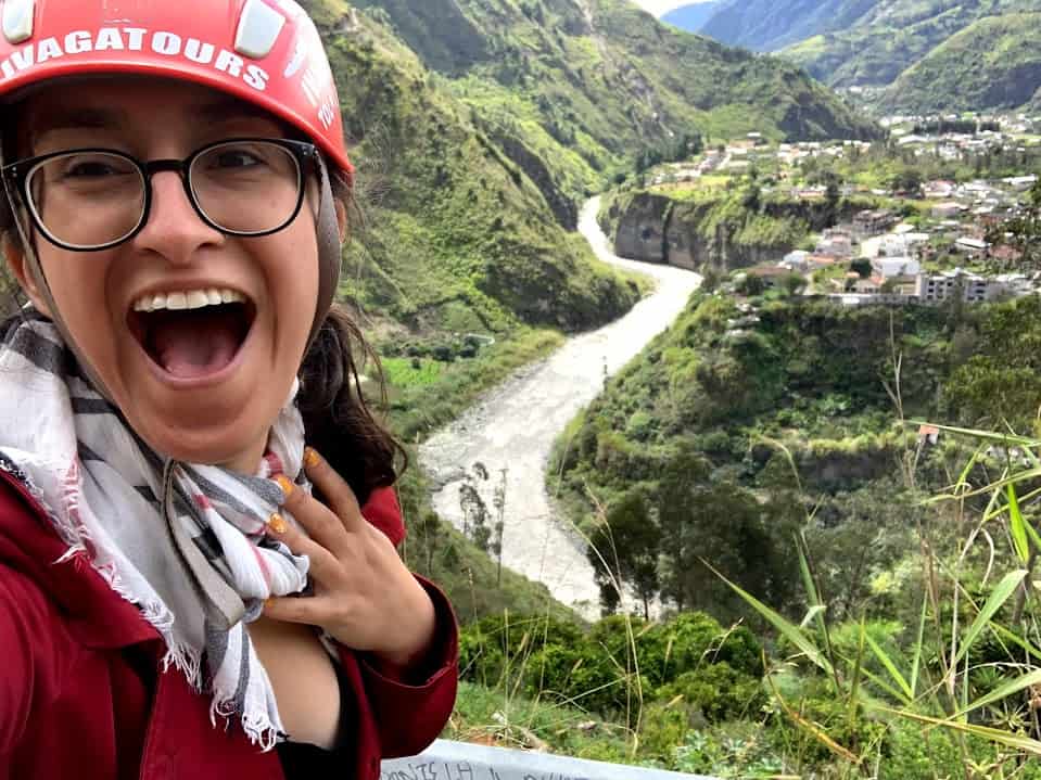 Monica Lynn looking excited with a helmet on 