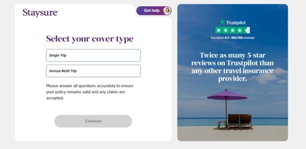 Image of Staysure single trip/annual cover page 