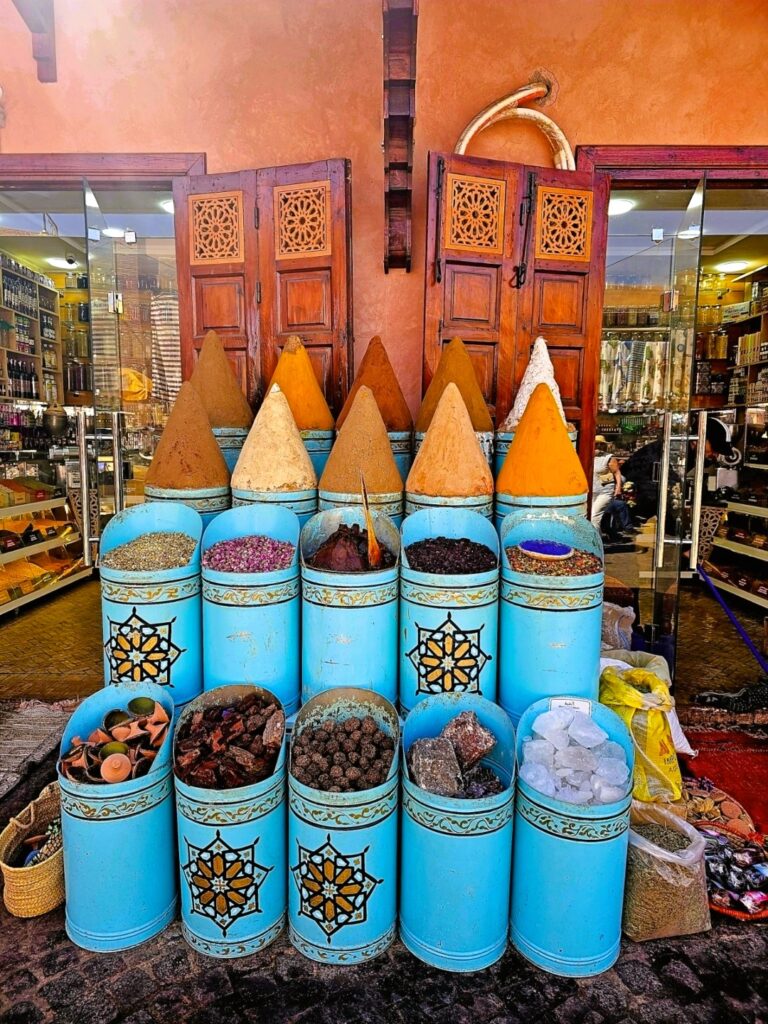 blue tub of brightly coloured spices in Marrakech 