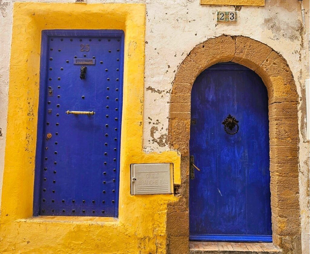 two bright blue doors 