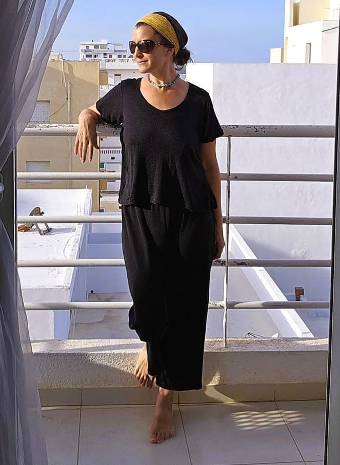 Jenny wearing Merino trousers and tee-shirt by Dilling 