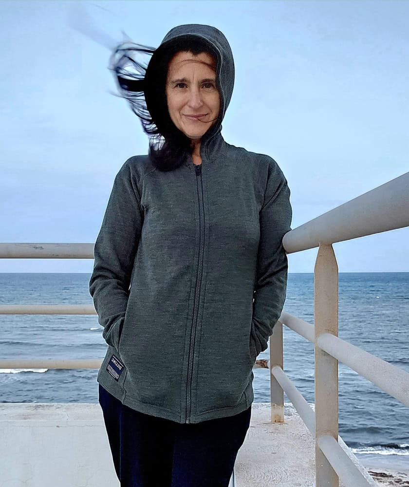 Jenny wearing Merino hoodie Dilling 
