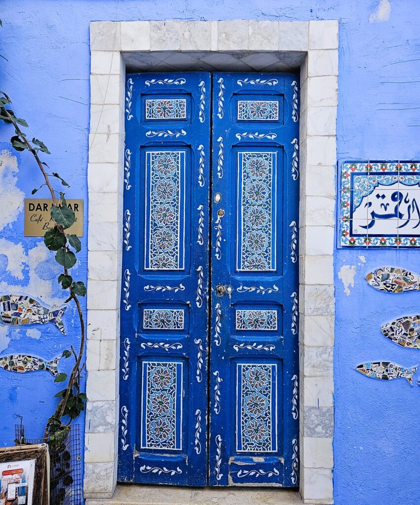 a bright blue traditional door in the Sousse Medina 