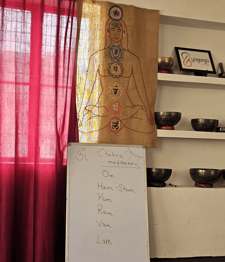 A whiteboard showing the chakra mantra at Yoganga Healing Retreat, Rishikesh, India 