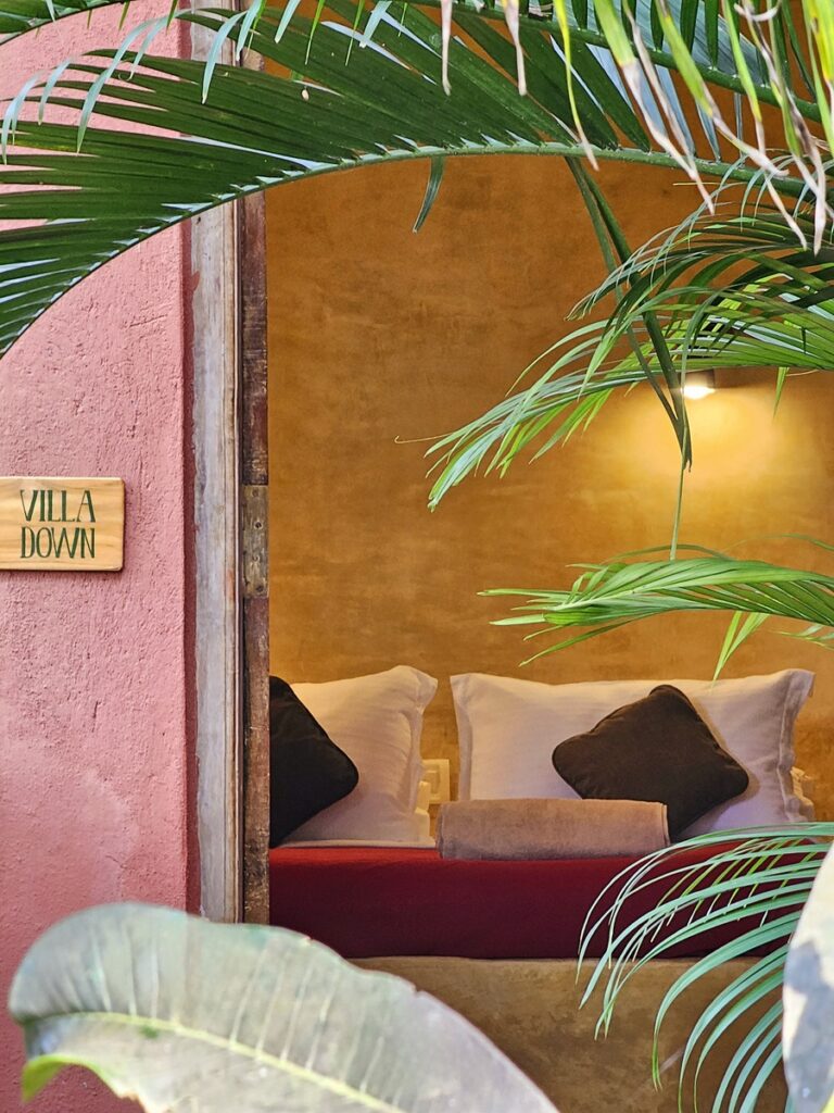 pretty pink garden room at Ashiyana Yoga Retreat in Goa, India 