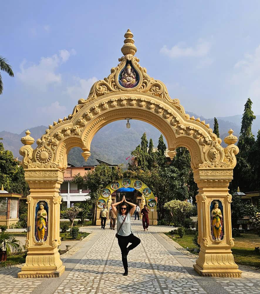 myself as a midlife woman in Rishikesh - doing tree posture in an ashram 