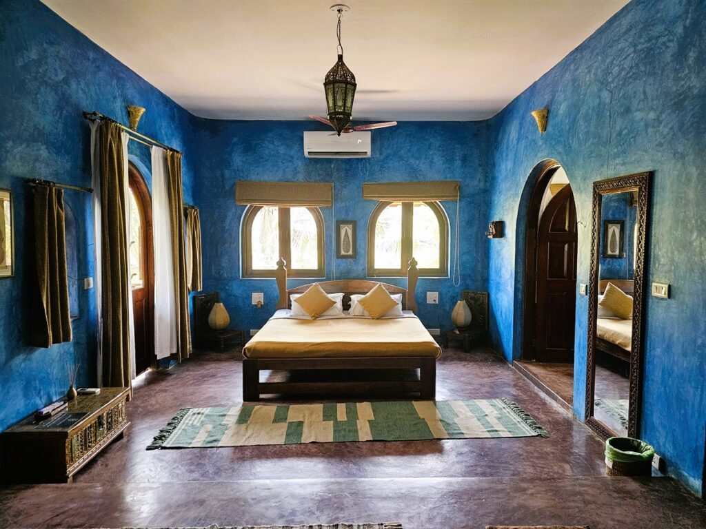 my blue bedroom at Ashiyana Yoga Retreat, Goa, India 