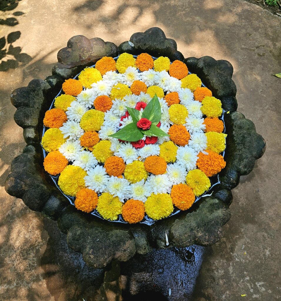 yellow and white flower mandala at Ashiyana Yoga Retreat in Goa, India 