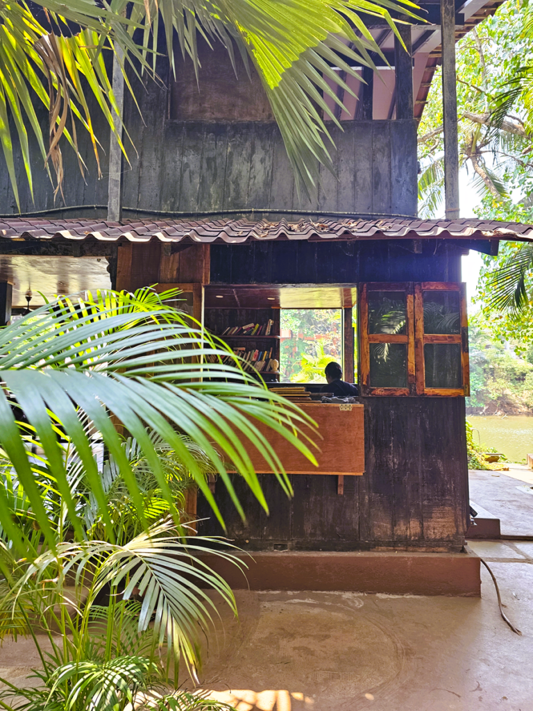 wooden reception at Ashiyana Yoga Retreat, Goa, India 