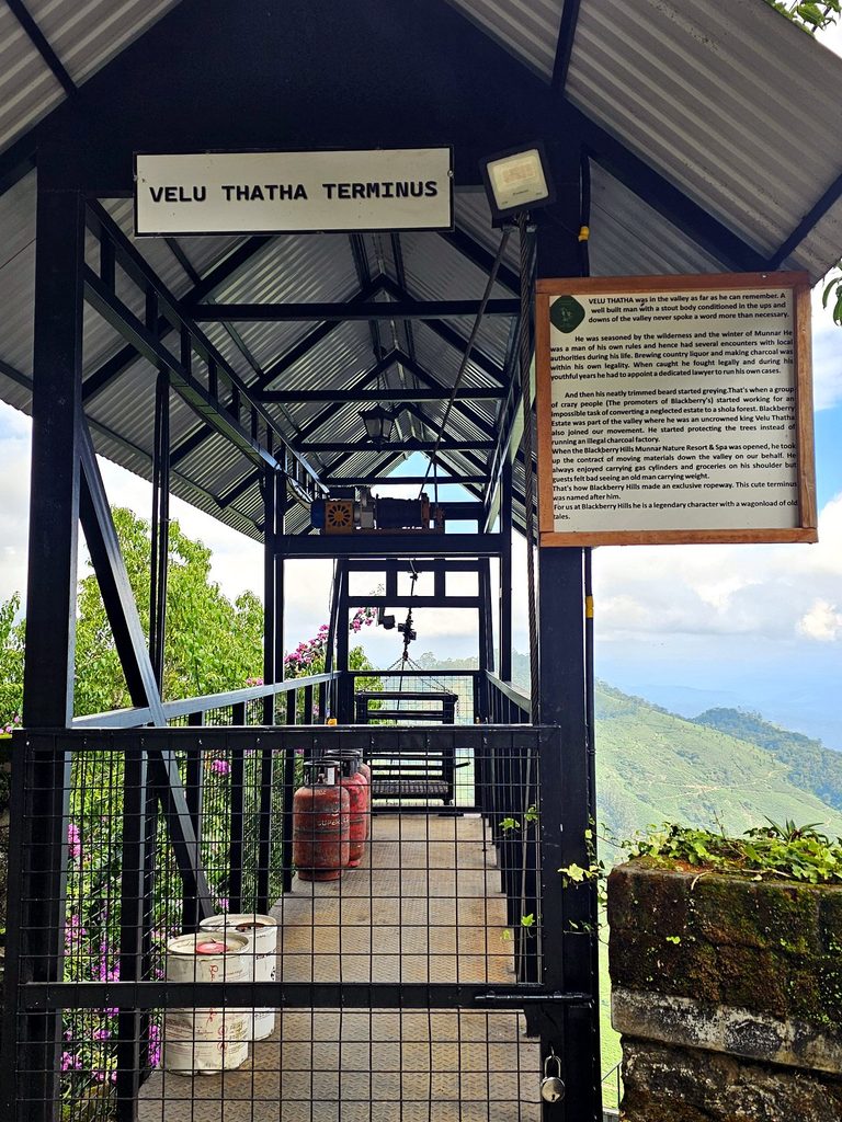 shows a pully system for transporting goods down the hill at Blackberry Hills in Munnar