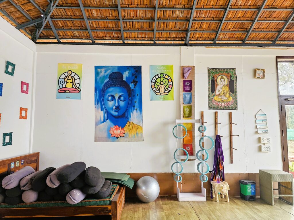 inside the yoga shala - buddha, chakra colours, yoga rolls an props at Veda5 Goa 