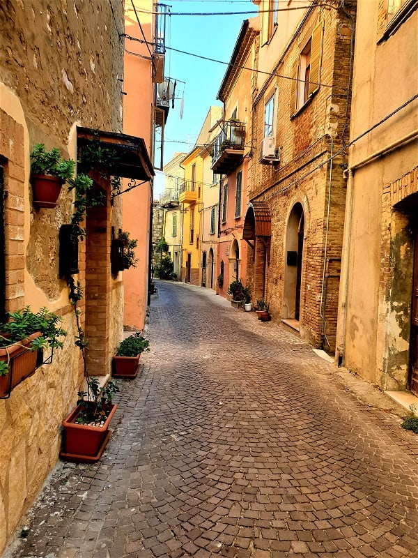 Narrow cobbled street with tall houses either side