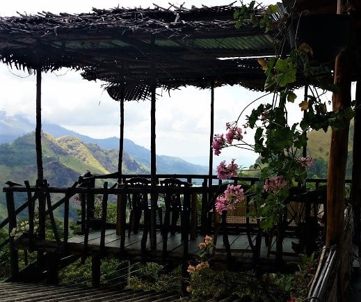 View of a terrace at Ella Hide view - overlooking the mountains in the distance. 