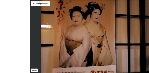 A poster of 2 geisha on a lattice style window with 'send a postcard' in the left corner. Taken from the Heygo website