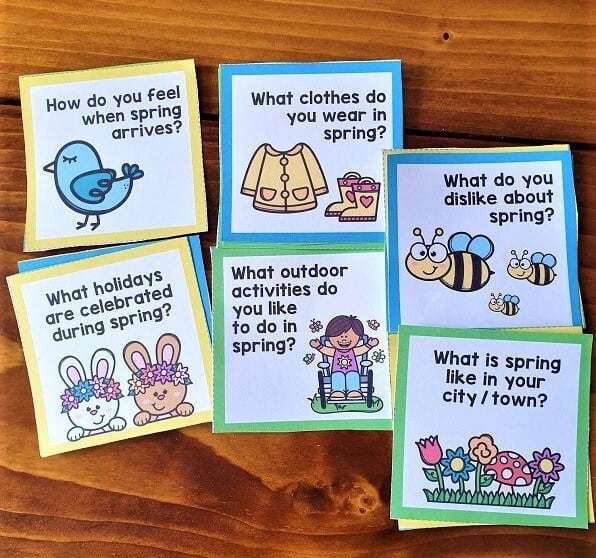 Colourful spring cards with questions and images e.g. a picture of a bird with the questions - How do you feel when spring arrives?