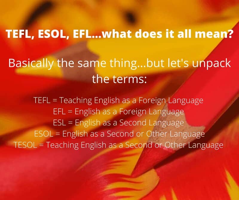 Red and yellow background - shows the different meanings of TEFl< EFL, ESL, ESOL, TESOL