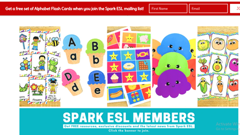 The homepage of Spark ESL with colourful resources including letters, reward charts and flashcards.