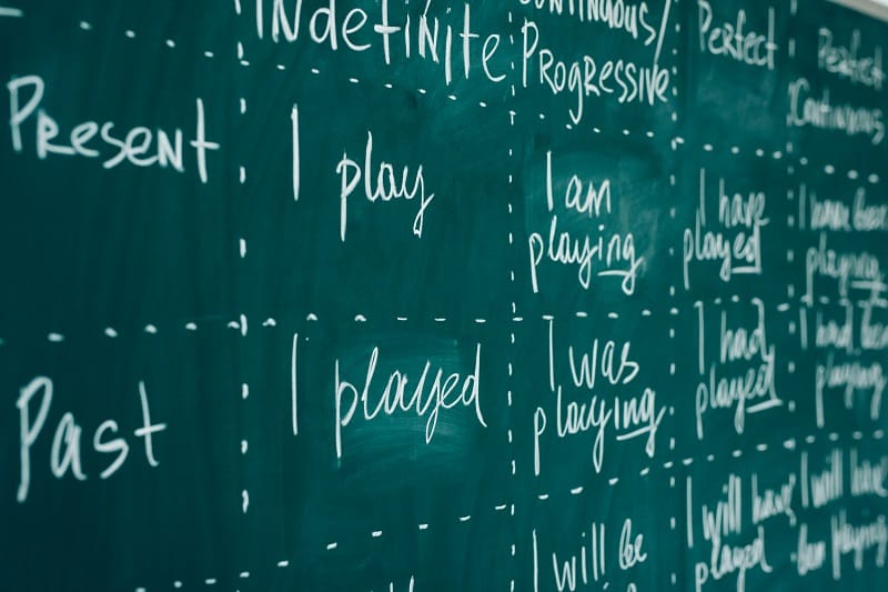 A blackboard showing verb tenses 