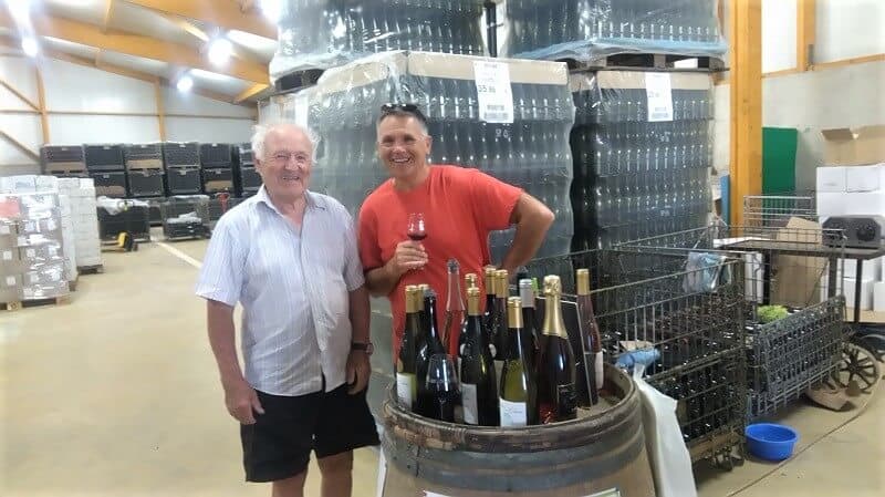 My dad Phil standing next to the wine producer, sampling wine at Domain de la Chaise, winery in St George Sur Cher, Loire Valley