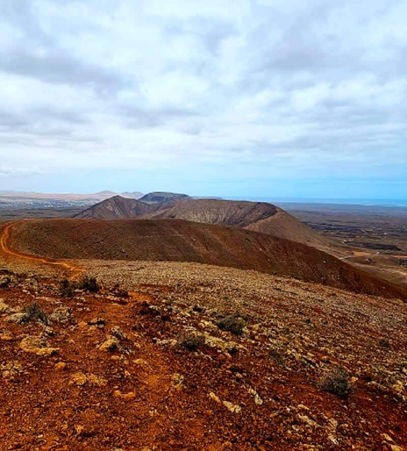 A row of volcanoes stretching into the distance, yellow and brown shades 