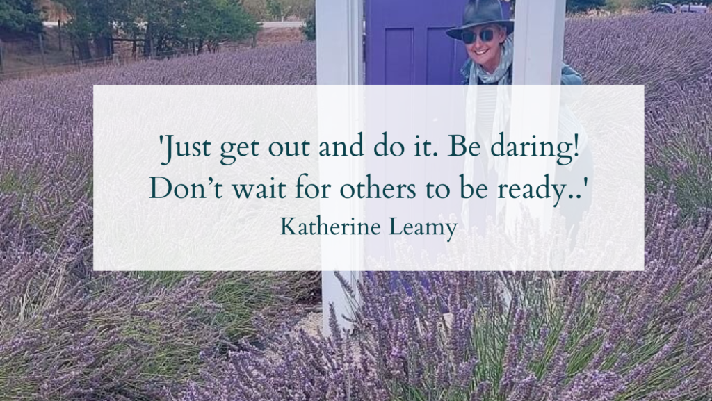 Picture of Katherine Leamy, The 5 Kilo Traveller in a lavender field with a qoute