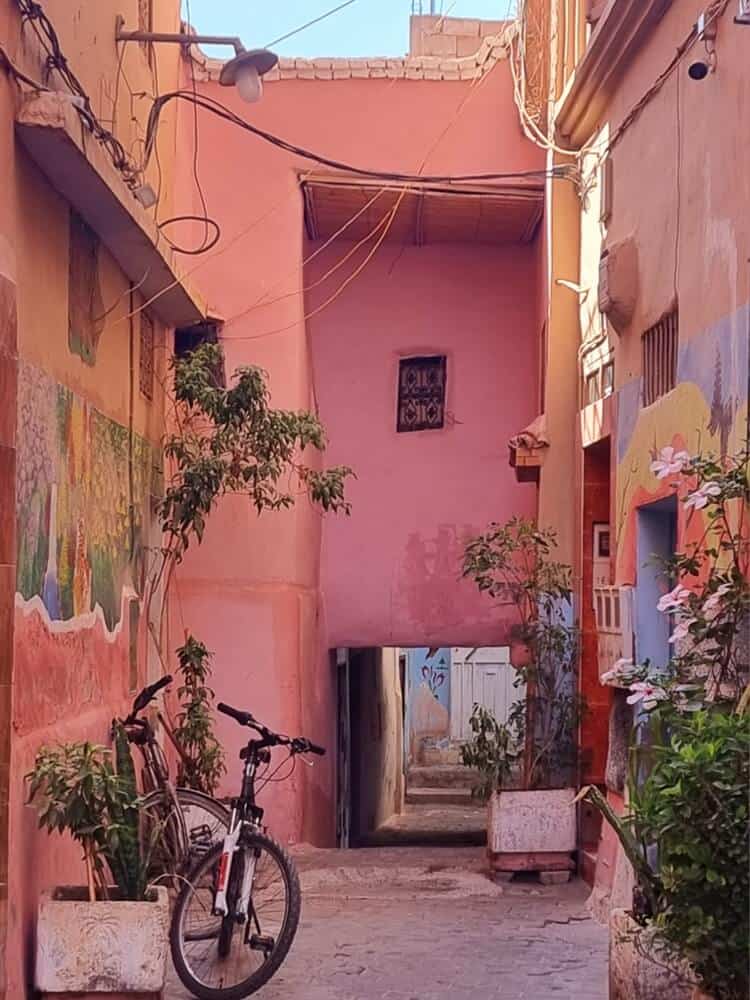 One of Taroudant's prettier streets - all pink with butterflies and murals. 